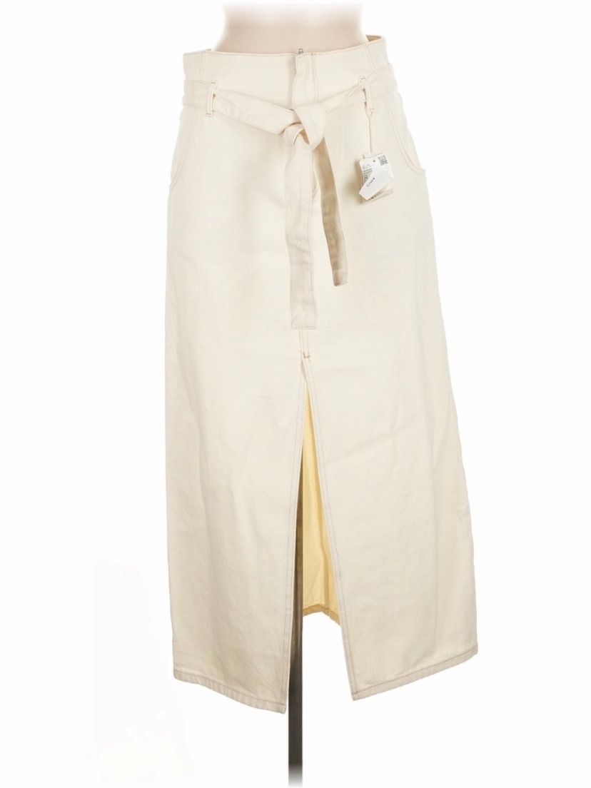 Cream Midi Skirt With Front Slit And Tie Waist